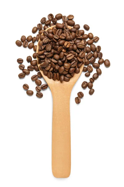 Holzlöffel Mit Kaffeebohnen Auf Weißem Hintergrund — Stockfoto