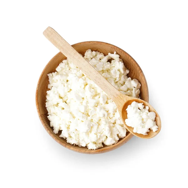 stock image Bowl and spoon with tasty cottage cheese on white background