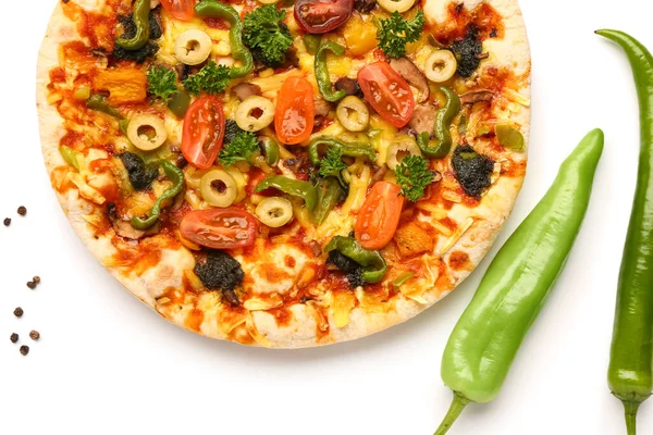 Vegetable pizza with chilli on white background