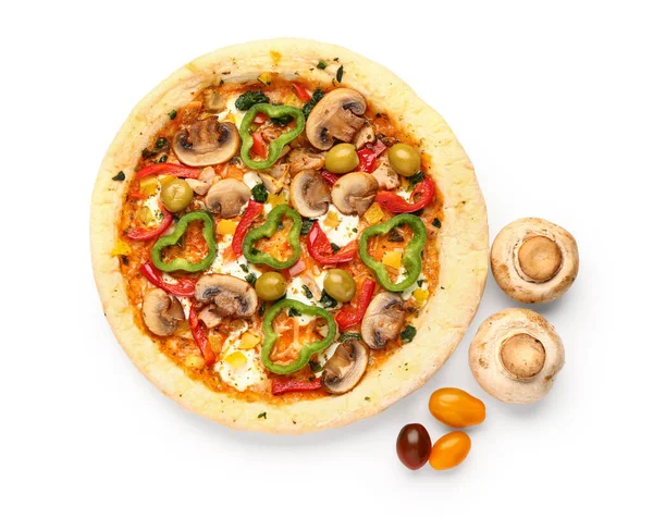 Plantaardige Pizza Met Ingrediënten Witte Achtergrond — Stockfoto