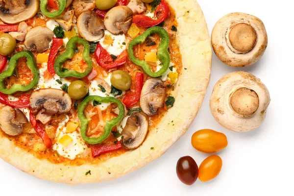 Vegetable pizza with ingredients on white background