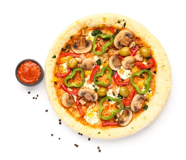 Plantaardige Pizza Met Saus Witte Achtergrond — Stockfoto