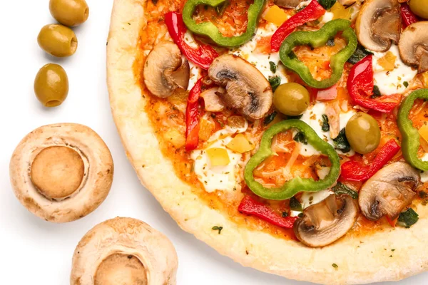 Vegetable pizza with mushrooms and olives on white background
