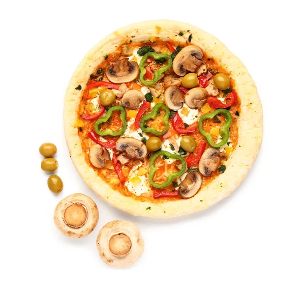 Plantaardige Pizza Met Champignons Olijven Witte Achtergrond — Stockfoto