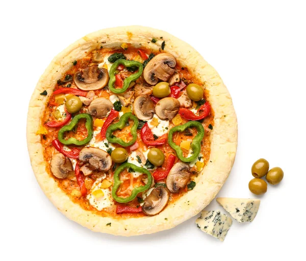 Plantaardige Pizza Met Olijven Kaas Witte Achtergrond — Stockfoto