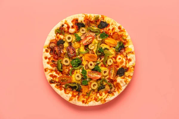 Pizza Vegetal Fundo Rosa — Fotografia de Stock