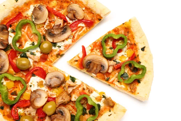 Sliced vegetable pizza on white background