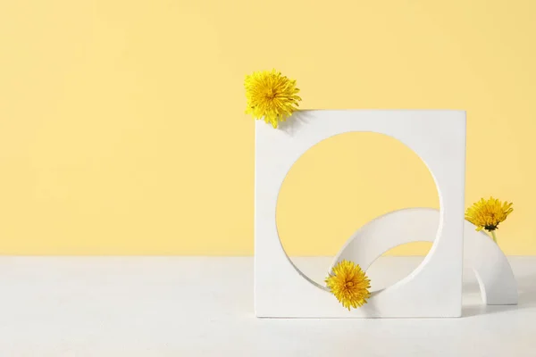 Pódios Decorativos Com Flores Dente Leão Fundo Amarelo — Fotografia de Stock