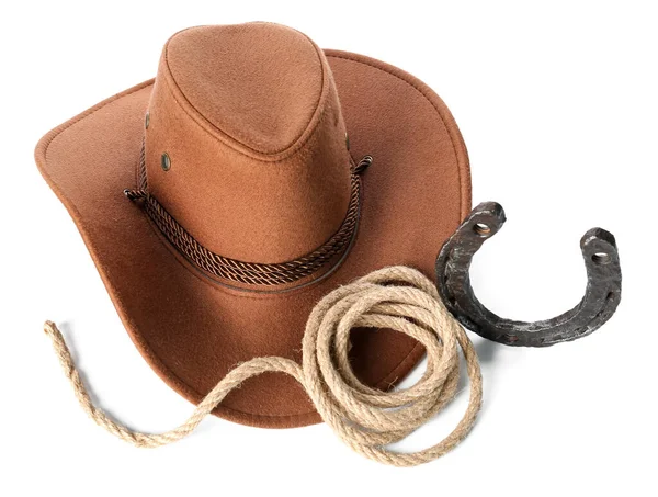 Stylish Cowboy Hat Horseshoe Lasso Isolated White Background — Stock Photo, Image