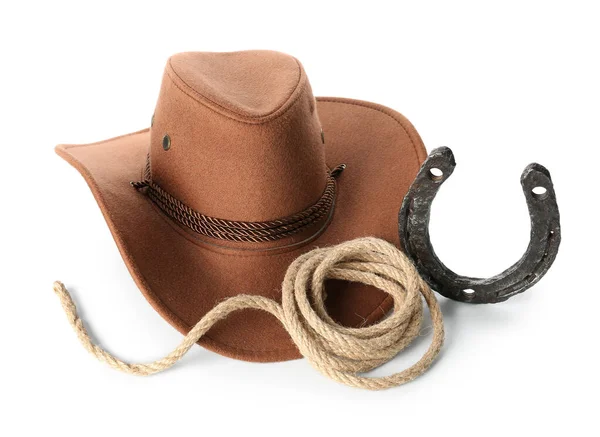 Stilvoller Cowboyhut Hufeisen Und Lasso Isoliert Auf Weißem Hintergrund — Stockfoto