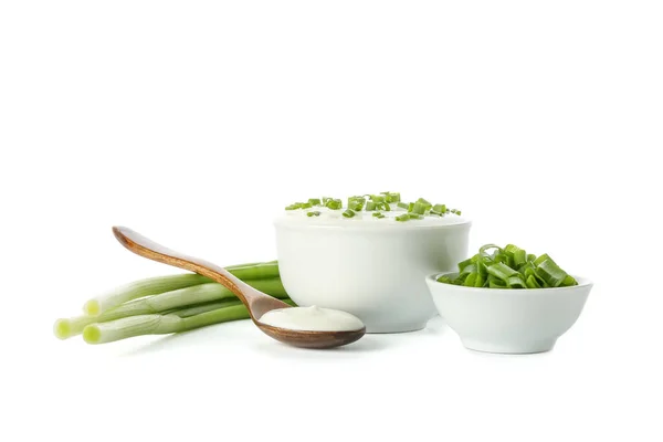 Bowls Tasty Sour Cream Green Onion White Background — Stock Photo, Image