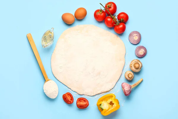 Raw Dough Ingredients Preparing Vegetable Pie Blue Background — Stock Photo, Image