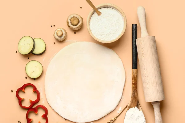 Raw Dough Ingredients Preparing Vegetable Pie Beige Background — Stock Photo, Image