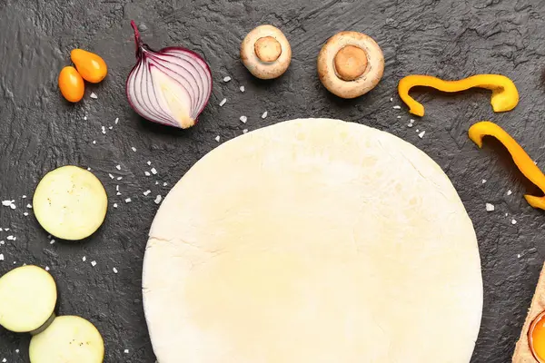 Raw Dough Ingredients Preparing Vegetable Pie Dark Grunge Background — Stock Photo, Image