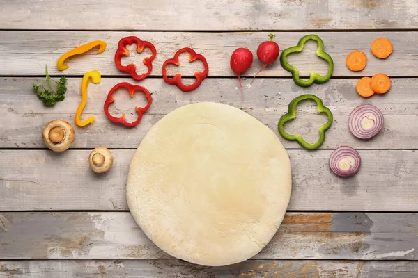 Raw Dough Ingredients Preparing Vegetable Pie Grey Wooden Background — Stock Photo, Image