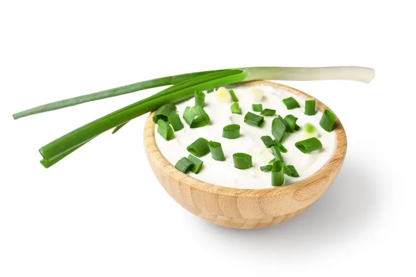 Bowl Tasty Sour Cream Green Onion White Background — Stock Photo, Image