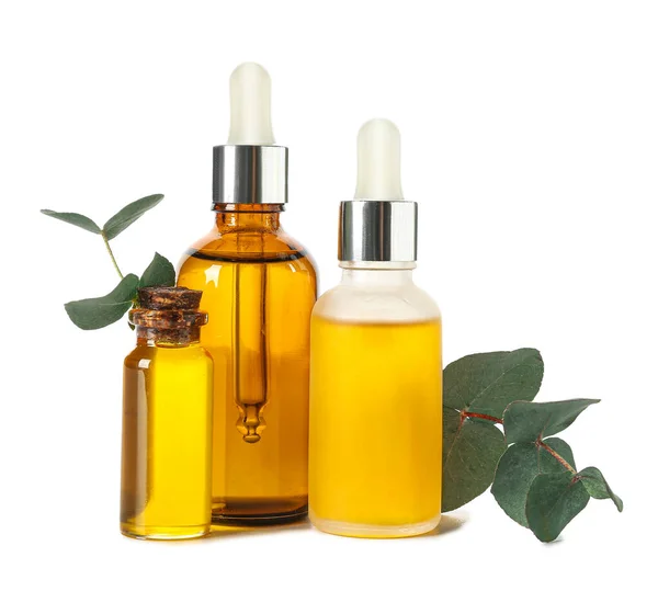 Bottles Cosmetic Oil Eucalyptus Branch White Background — Stock Photo, Image