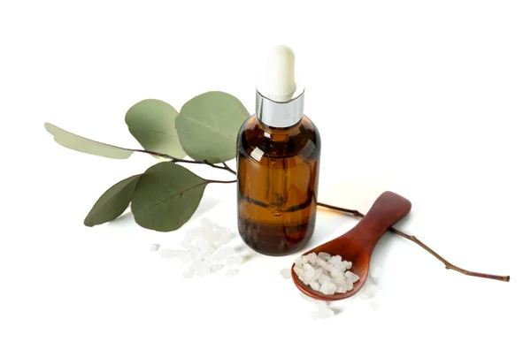 Cosmetic Oil Bottle Eucalyptus Branch Wooden Spoon Sea Salt White — Stock Photo, Image