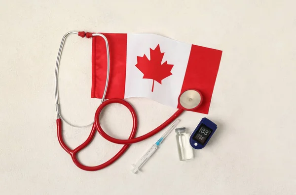 Flag Canada Stethoscope Syringe Ampule Glucometer White Background — Stock Photo, Image