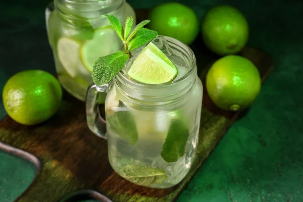 Mason Jar Tasty Mojito Green Background — Stock Photo, Image