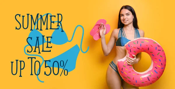 Banner for Summer Sale with beautiful woman in swimsuit