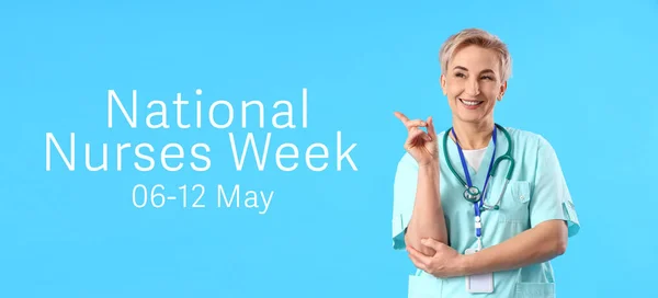 Mature female medical worker on light blue background. National Nurses Week