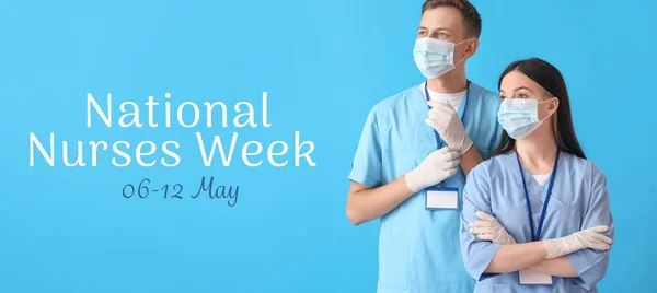 Medical workers on light blue background. National Nurses Week