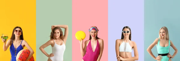 Conjunto Hermosas Mujeres Jóvenes Trajes Baño Sobre Fondo Colorido — Foto de Stock
