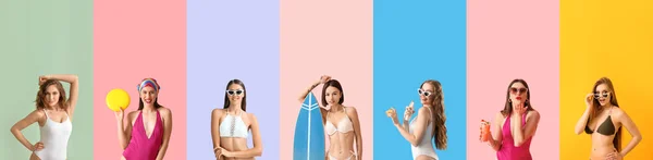Set Von Schönen Jungen Frauen Badeanzügen Auf Buntem Hintergrund — Stockfoto