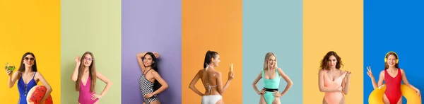 Renkli Arka Planda Mayo Giymiş Bir Grup Güzel Genç Kadın — Stok fotoğraf