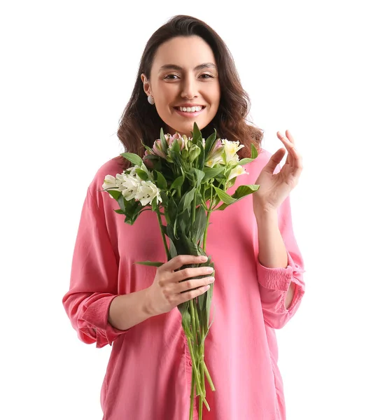 Young Woman Pink Shirt Alstroemeria Flowers White Background — Foto de Stock