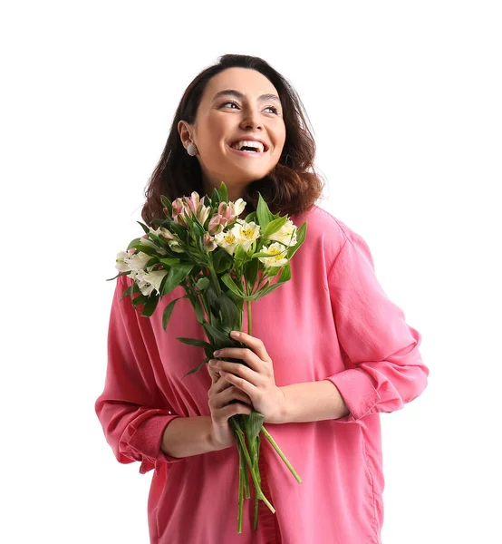 Jeune Femme Chemise Rose Avec Des Fleurs Alstroemeria Sur Fond — Photo