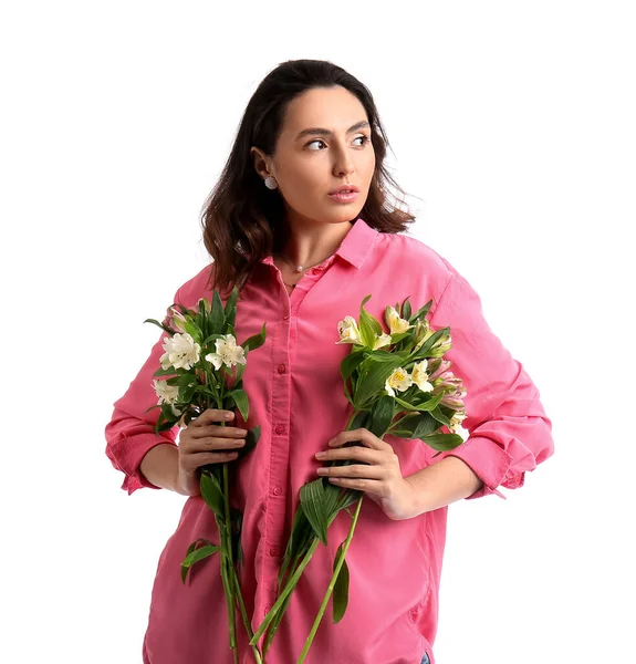 Young Woman Pink Shirt Alstroemeria Flowers White Background — 图库照片