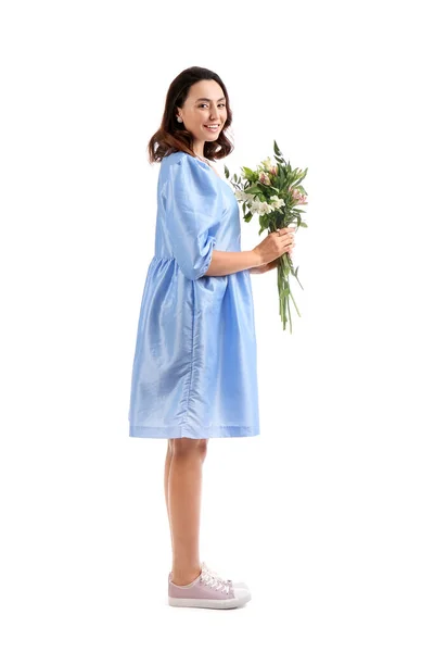 Young Woman Blue Dress Alstroemeria Flowers White Background — 스톡 사진
