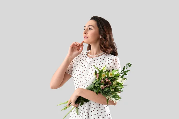 Young Woman Dress Alstroemeria Flowers Grey Background — Stok fotoğraf