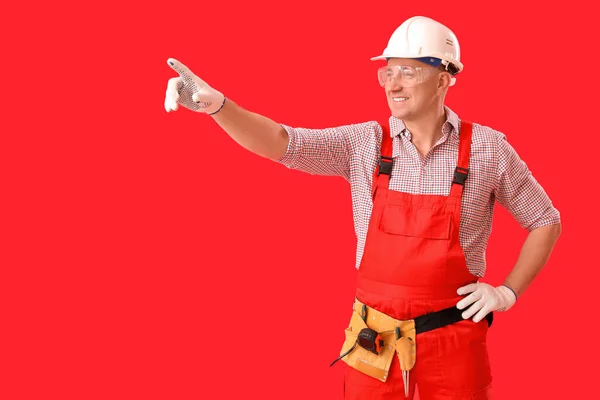 Mature Carpenter Hardhat Red Background — Stock Photo, Image
