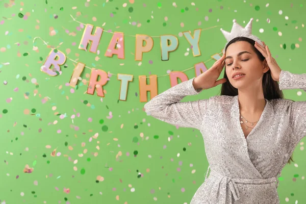 Happy Young Woman Crown Celebrating Birthday Green Background — Stock Photo, Image
