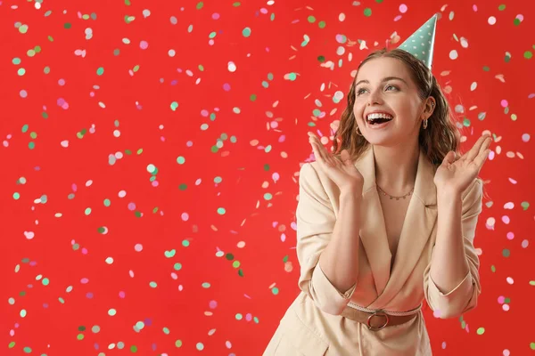 Happy Young Woman Celebrating Birthday Red Background — Stock Photo, Image