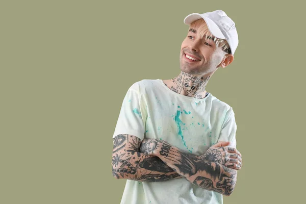 Tattooed Young Man Green Background — Stock Photo, Image