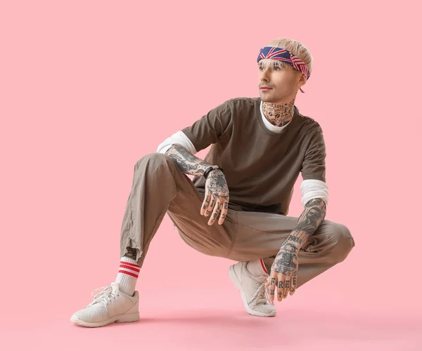 Tattooed Young Man Pink Background — Stock Photo, Image