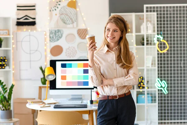 Female Graphic Designer Cup Coffee Office — Stock Photo, Image