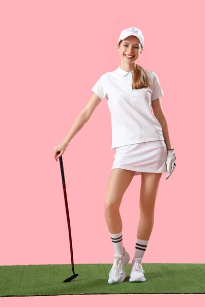 Female Golfer Club Pink Background — Stock Photo, Image