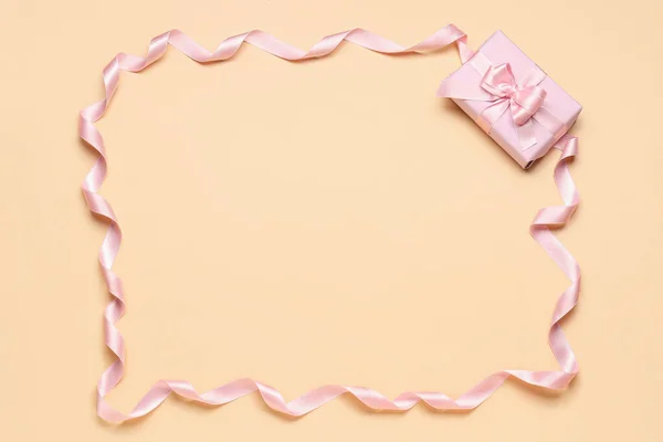 Frame Made Gift Box Ribbon Beige Background — Stock Photo, Image