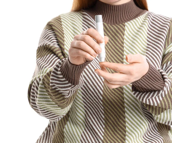 Woman Diabetes Using Lancet Pen White Background Closeup — Stock Photo, Image