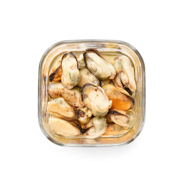 Marinated Mussels Glass Bowl White Background — Stock Photo, Image