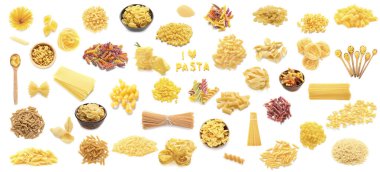 Beyaz zemin üzerinde kuru İtalyan makarnası kolajı