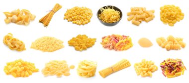 Beyaz arkaplanda kuru İtalyan makarnası koleksiyonu
