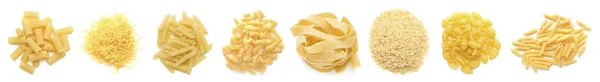 Collage Aus Trockener Italienischer Pasta Auf Weißem Hintergrund Draufsicht — Stockfoto