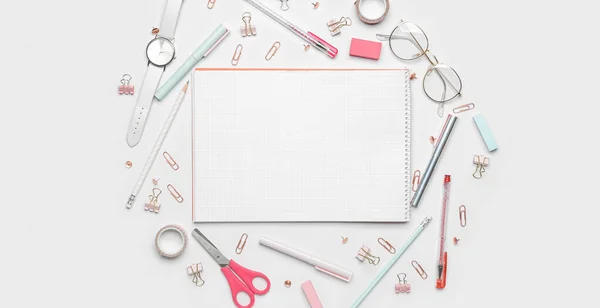 Empty Notebook School Supplies Light Background — Stock Photo, Image