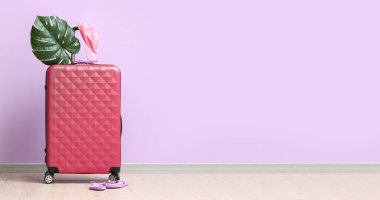 Plaj aksesuarları ve eflatun arkaplan üzerinde palmiye yaprağı içeren bavra.